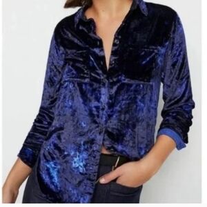 Anthropologie PILCRO Mara Blue Floral Relaxed Velvet Button Down Shacket sz 2